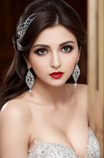 Lebanese lady, diamond dangling earrings, necklace, bracelets, small breasts, 40 years old, smokey eyes, cleavages, red lips, innocent face, wedding fashion ball gown, stylish hairstyle, posing, modeling,