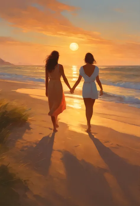 Painting of two young women, holding hands on the beach at sunset, rob rey and kentarõ miura, Based on Mark Keatley, rhads и Томас Кинкейд, John McNaughton, summer morning light, breathtaking art, Rob McNaughton, Based on Antonio Kisseri, sakimichan and ma...