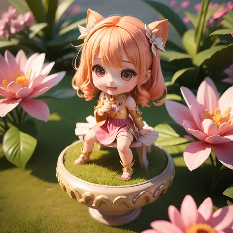 Cute Baby Chibi selena mobile legend,(((Chibi 3D))) (Best Quality) (Master Price)、(Chibi :1.3)、Sitting on smoky pink flowers、specimen、houseplant、Open your mouth and smile、Jewelry Decoration Costumes