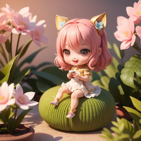 Cute Baby Chibi selena mobile legend,(((Chibi 3D))) (Best Quality) (Master Price)、(Chibi :1.3)、Sitting on smoky pink flowers、specimen、houseplant、Open your mouth and smile、Jewelry Decoration Costumes