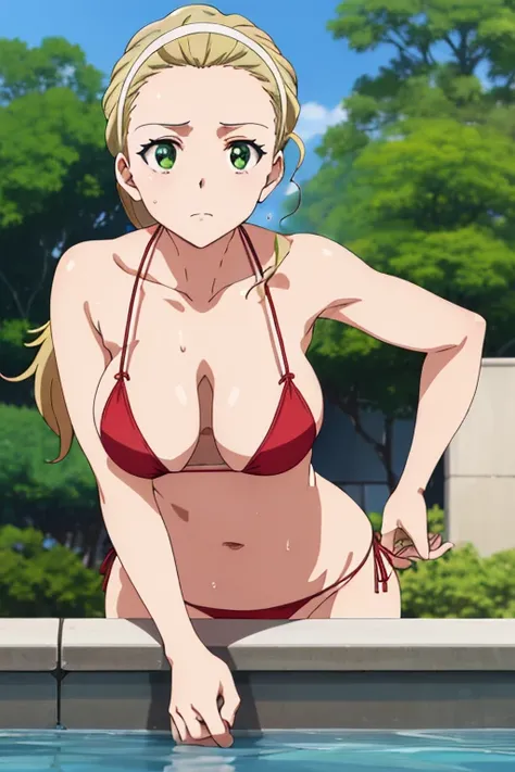 ((​masterpiece、top-quality、detaile、hight resolution、extremely delicate and beautiful, anime screen cap, anime colours))、(red Micro Bikini:1.3)、(huge drooping breasts:1.5), (Leaning forward:1.8, front view:1.5), akebi sasaki, hairband, 1girl, (15 years old)...