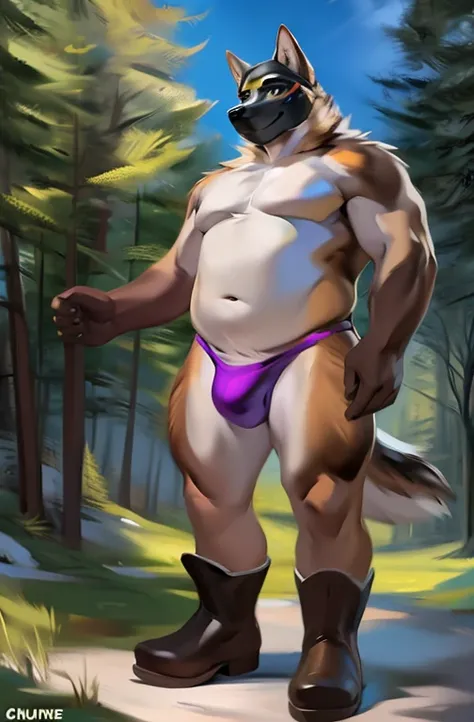 solo, male, german shepherd, topless, wearing a black ski mask, balaclava ski mask, smirk, overweight, detailed bulge, purple thong, brown tall cowboy boots, by chunie, full body view, at a forest