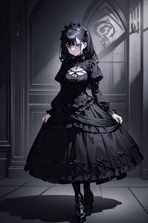 a woman in a black dress and stockings posing for a picture, wearing a gothic dress, black gothic lolita dress, fantasy outfit, ...