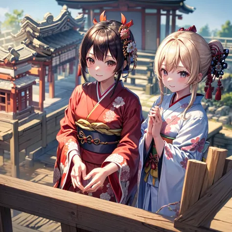 ((masutepiece)),((Best Quality)),((high detailing)),((Best fingers)) 、cute little、femele、Join hands and visit the shrine、kimono