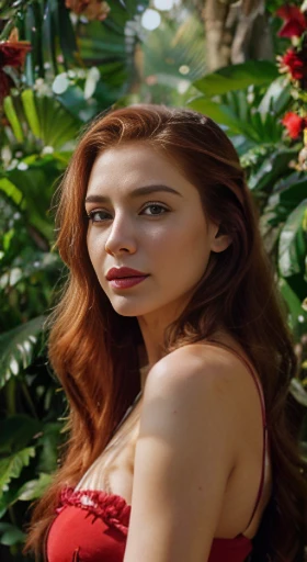 (best quality,ultra-detailed,photorealistic),young woman,beautiful eyes,detailed lips, pink lipstick, pensive expression, soft lighting,vibrant colors, long flowing red hair, stylish red christmas outfit, jungle background,colorful flowers,natural sunlight...