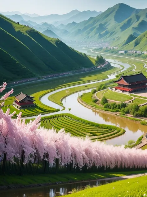 Chinese countryside scenery in spring，There are green mountains and green water，There are rows of houses，there are many willow trees，There are blooming flowerull of life