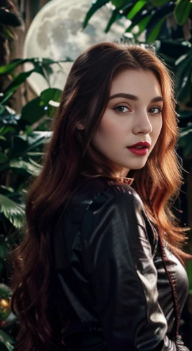 (best quality,ultra-detailed,photorealistic),young woman vampire,beautiful eyes,detailed lips, pink lipstick, pensive expression, soft lighting,vibrant colors, long flowing Reddish hair, stylish vampire outfit, jungle background,colorful flowers, dark full...