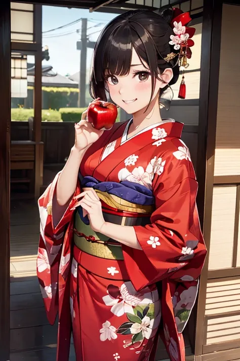 (8K), (Best Quality), (masutepiece: 1.2)　Cute woman biting a red apple　((Wearing kimono))