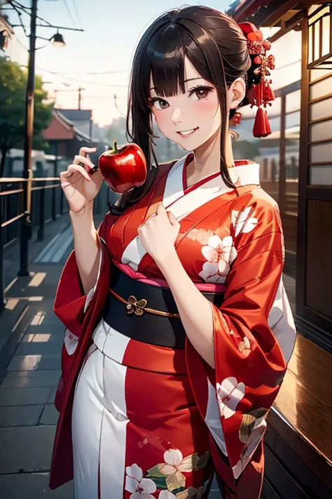 (8K), (Best Quality), (masutepiece: 1.2)　Cute woman biting a red apple　((Wearing kimono))