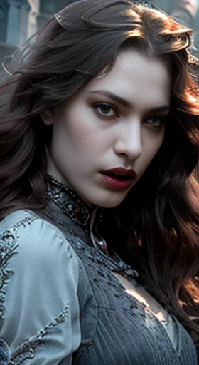 (best quality,ultra-detailed,photorealistic),young woman vampire queen, beautiful bright eyes, dark red mascara, detailed gray lips with gray lipstick, pensive expression, soft lighting,vibrant colors, long flowing Reddish hair, stylish vampire outfit, cem...