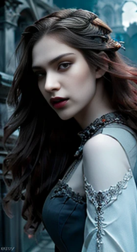 (best quality,ultra-detailed,photorealistic),young woman vampire queen, beautiful bright eyes, dark red mascara, detailed gray lips with gray lipstick, pensive expression, dim lighting,vibrant colors, long flowing Reddish hair, stylish vampire outfit, ceme...