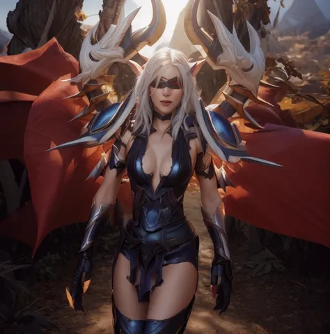 Highest image quality，Outstanding details，（Fidelity：1.4）a realistic , beautiful, nightelf, female. demonhunter, beautiful face, female armor, skimpy black and red leather armor,, the strolling pose, full length portrait, Direct Sunlight, unreal engine,long...