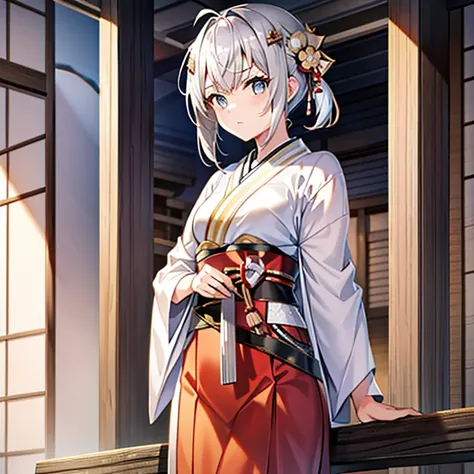 short-hair　Silvery hair　Samurai　Kimono　teens girl　kawaii faces　long blade Japanese sword　Iaigiri posture for one person