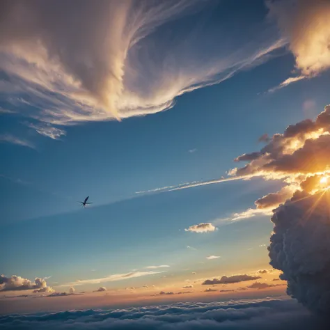 At an altitude of 10,000 meters，A crane flies in the clouds，The setting sun reflects the floating clouds