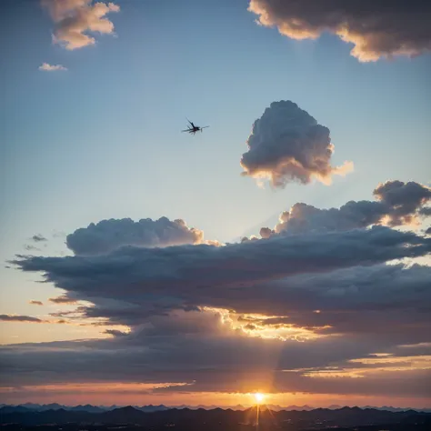 At an altitude of 10,000 meters，A crane flies in the clouds，The setting sun reflects the floating clouds