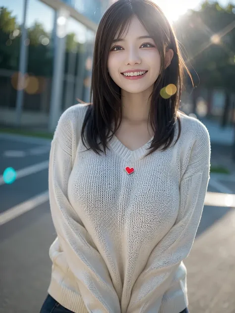 a girl, cosy sweater on, upper body, (huge Laughing:1.1), (open mouth:1.1), (wide open eyes:1.2), sun glare, bokeh, depth of field, blurry background, light particles, strong wind, (heart particles:1.1)