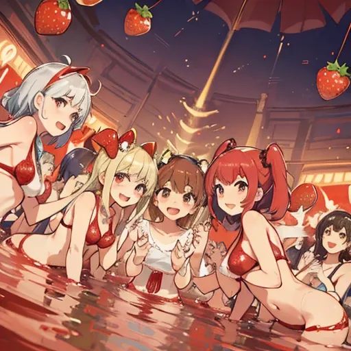 Half-naked strawberry covered in jumping strawberry parfait ramen、Amazing dynamism、Amazing Angle、Unstable buoyancy sandstorm、Many friendly strawberries come close and chase each other.。surround each other&#39;strawberry、in group photograph、Group Selfies