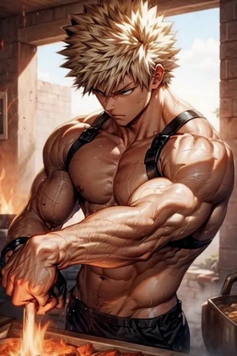 Muscular Bakugou Katsuki burning in fire kiln baking