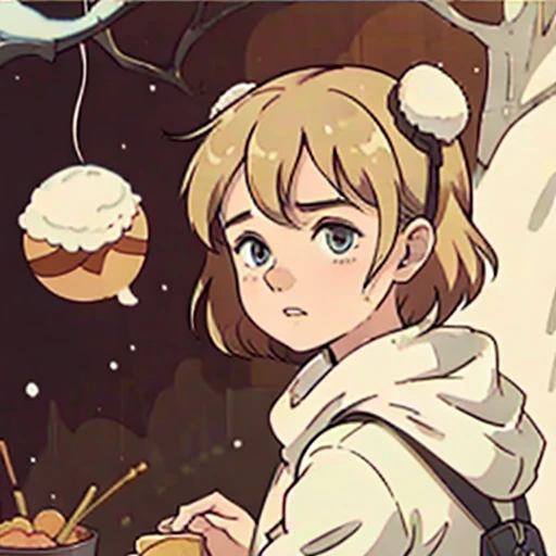 Young short finnish girl, blonde short hair, brown eye, finnish bread bag, winter forrest snowing, winter coat, alone, brown bread hat