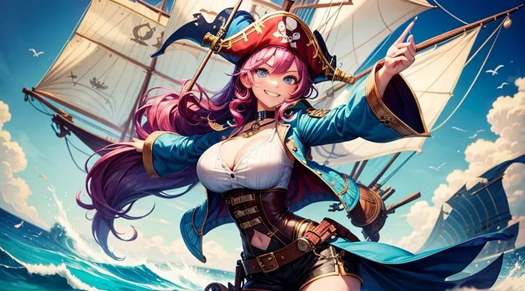 1girl, solo, ship board, pirate, pirate hat, parrot, colorful hair, curly hair, large breasts, blue eyes, pirate sword, grin, looking at the viewer, fighting