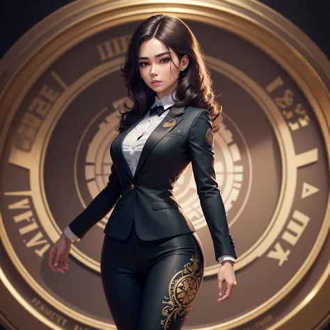 (masterpiece,High quality,Top quality,super detail, best quality ,)hair detail ,skin details,body details,facial details,full-body view,1 women,beautiful,wearing a suit,back compass,