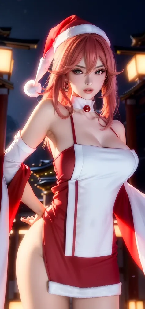 (tmasterpiece, Excellent, 1girl, 独奏, Complicated details, Color difference), 真实感, ((Middle Breath)), off-the-shoulder, big breastes, Sexy, Yae miko, long pink hair, red headpiece, Red highlighting, hair above one eye, green colored eyes, earings, sharp eye...