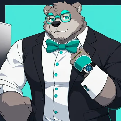 Grey grizzly bear with teal eyes glasses with a watch. Wearing a White undershirt black suit and a cyan ascot