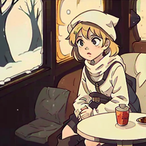 Young short finnish girl, blonde short hair, brown eye, brown cross bag, winter forrest snowing, winter trench coat, one piece, black winter boots, brown beret hat, traveling alone, far away from the picture