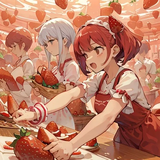 A pastry chef covered in strawberry parfait serving strawberries、Amazing dynamism、Amazing Angle、Unstable buoyancy sandstorm、(((Many friendly strawberries float closely together and chase each other.)))。surround each other&#39;strawberry、