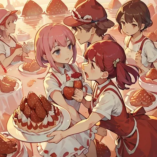 A pastry chef covered in strawberry parfait serving strawberries、Amazing dynamism、Amazing Angle、Unstable buoyancy sandstorm、(((Many friendly strawberries float closely together and chase each other.)))。surround each other&#39;strawberry、