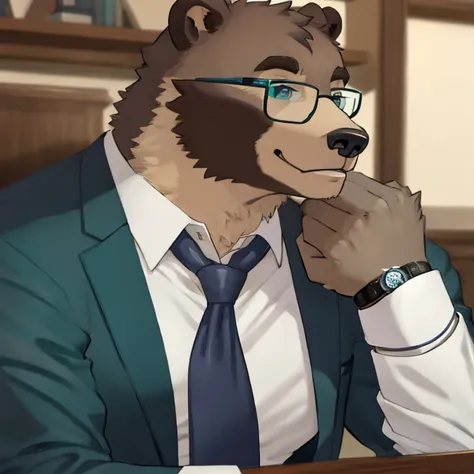 A grizzly bear with grey furr with teal eyes glasses with a watch. Wearing a White undershirt black suit and a cyan ascot