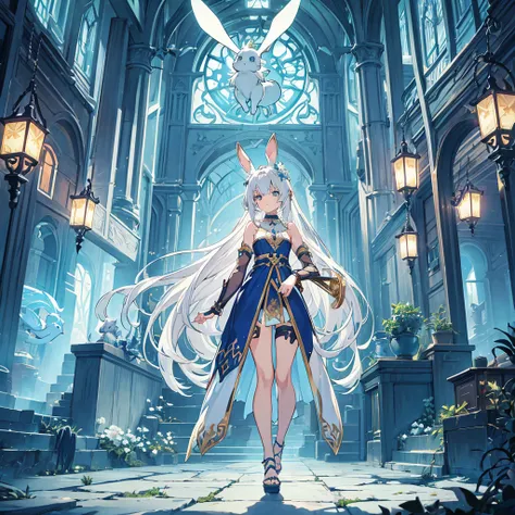 High-quality, High-resolution, Realistic Anime Style, Chaotic Main Color, Top-down Camera Angle, Full-body Subject Range, Looking back angle, Front-facing Subject Orientation, (rabbit ears and tail), Mysterious elf Girl Standing in a Chaotic Background, Et...