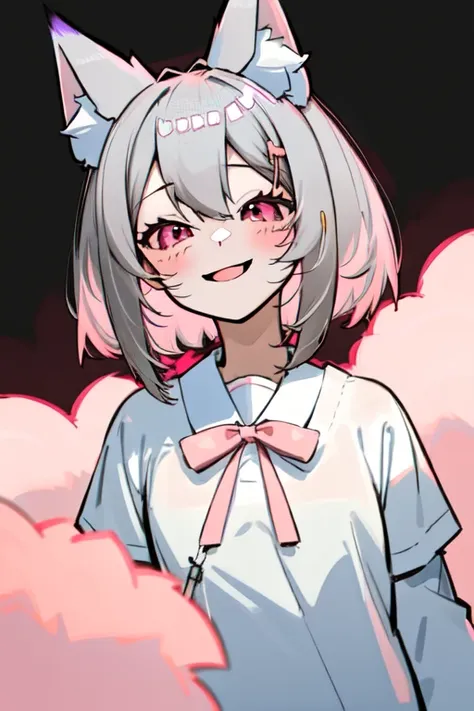 masutepiece, Best Quality, ultra-detailliert, hight resolution, extremely details CG, Face Focus, 1girl in, early , (Gray hair and pink eyes), White sheer shirt,  shirt without ribbon, Fluffy animal ears, Bangs, Short hair, Bow, Hair Bow, Pale blue bow, A ...