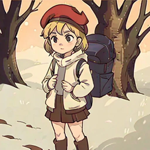 Young short finnish girl, blonde short hair, brown eyes, brown cross bag, long grey winter coat, long nay blue skirt, black winter boots, red british style beret hat, traveling alone, far away from the picture, large winter forrest