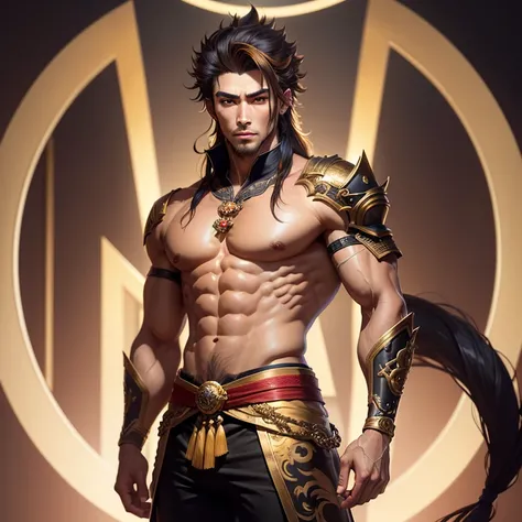 masterpiece,High quality,Top quality,super detail, best quality ,)hair detail ,skin details,body details,facial details,full body view,1 man,wukong,handsome,Tall body,blackjack,China,half monkey,golden color,