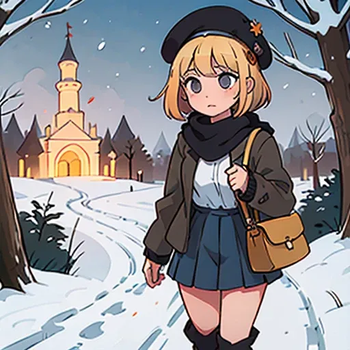 Young short finnish girl, blonde short hair, brown eyes, brown cross bag, long grey winter coat, long nay blue skirt, black winter boots, red british style beret hat, traveling alone, far away from the picture, large winter forrest