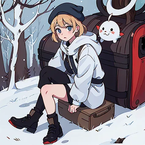 Young short finnish girl, blonde short hair, brown eyes, brown cross bag, long grey winter coat, long nay blue skirt, black winter boots, red british style beret hat, traveling alone, far away from the picture, large winter forrest