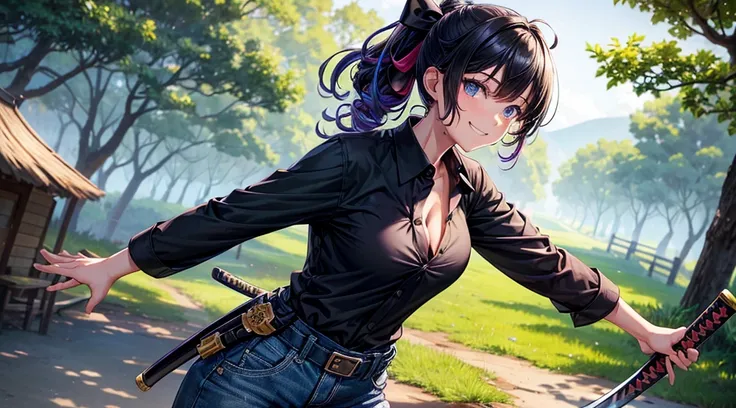 1girl, solo, village, trees, colorful hair, curly hair, ponytail, large breasts, button down shirt, ninja, ((black shirt)), ((unbuttoned shirt)), ((short sleeved shirt)), blue eyes, pants, sandals, katana, grin, looking at the viewer, ((standing)), hair ri...