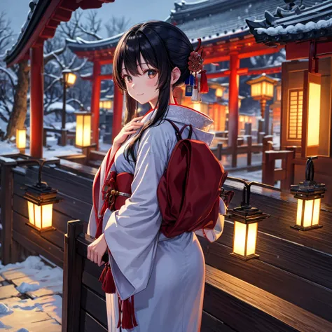 top-quality、best hand、Best fingers、A woman visiting a shrine at night、Winter scenery、kimono