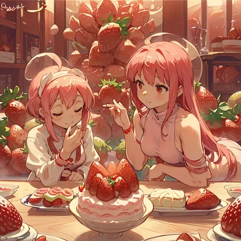 Strawberry parfait ramen covered pastry chef serving strawberries、Amazing dynamism、Amazing Angle、Unstable buoyancy sandstorm、(((Many friendly strawberries float closely together and chase each other.)))。surround each other&#39;strawberry、