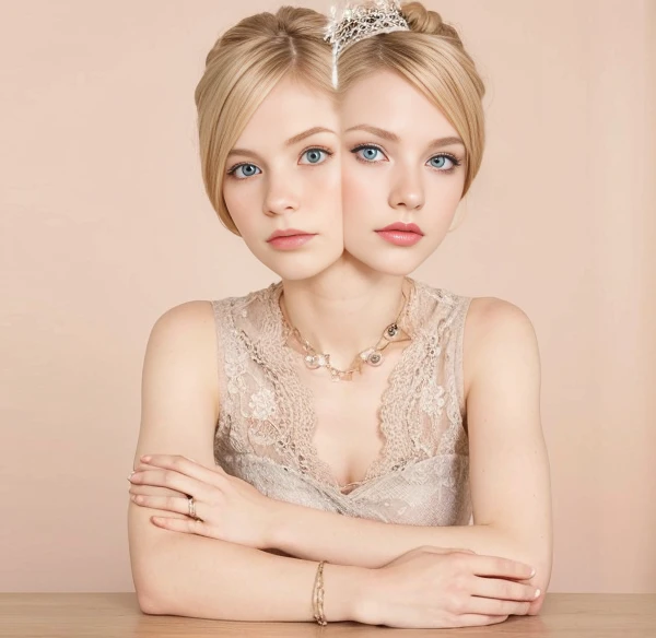 Conjoined, two woman side by side, half body shot, blond, in livingroom, weark g a dress, 23 years old, two faces one head, detailed face, photoshoot, pale skin, serieus facial expression, blue eyes, cleavage, caucasian