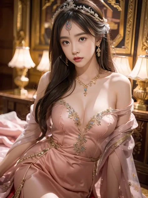 best qualtiy， tmasterpiece， 超高分辨率， （realisticlying：1.5）， RAW photogr， 1girll, silber hair, long hair，hair adornment shoulders，Cold and glamorous，Raised sexy，Cyan and pink tulle dress, Detailed scenes, amazing pose, Eye-catching accessories, Picturesque