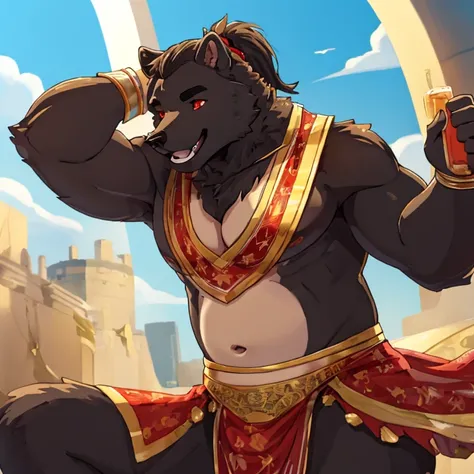 Black Furred male black bear with red eyes and a ponytail hairstyle wearing a belly dancer outfit a yellow bowtie