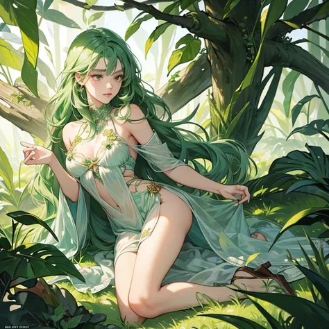 (masterpiece,High quality,Top quality,super detail, best quality ,)hair detail ,skin details,body details,facial details,full body view,1 woman,beautiful,plant,green hair,vine,