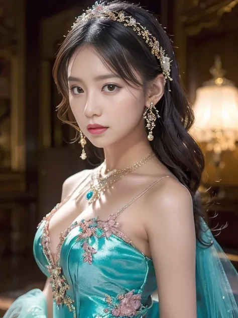 best qualtiy， tmasterpiece， 超高分辨率， （realisticlying：1.5）， RAW photogr， 1girll, silber hair, long hair，hair adornment shoulders，Cold and glamorous，Raised sexy，Cyan and pink tulle dress, Detailed scenes, amazing pose, Eye-catching accessories, Picturesque