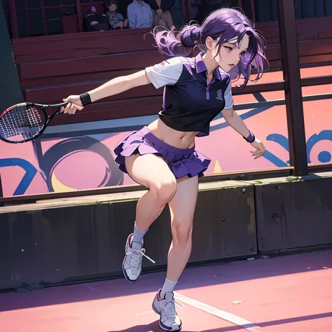 (masterpiece,High quality,Top quality,super detail, best quality ,)hair detail ,skin details,body details,facial details,full body view,1 woman,beautiful,purple hair sportsperson,tennis,sportswear,short skirt,crop shirt,