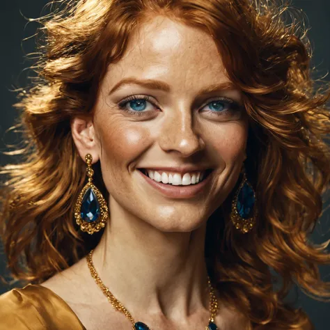 Beautiful gorgeous woman, sweet smile, ginger hair, gemstone with 24 carrat gold earings, detailed face, detailed indigo eyes, insanely detailed, studio lighting, professional portrait photoshoot, Annie Leibovitz Photography style