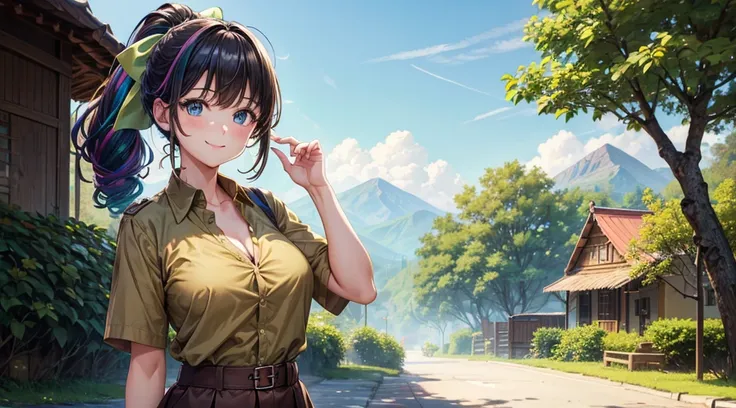 1girl, solo, village, trees, ((colorful hair)), curly hair, ponytail, large breasts, button down shirt, ((brown green shirt)), ((unbuttoned shirt)), ((short sleeved shirt)), blue eyes, skirt, sandals, smile, looking at the viewer, ((standing)), hair ribbon