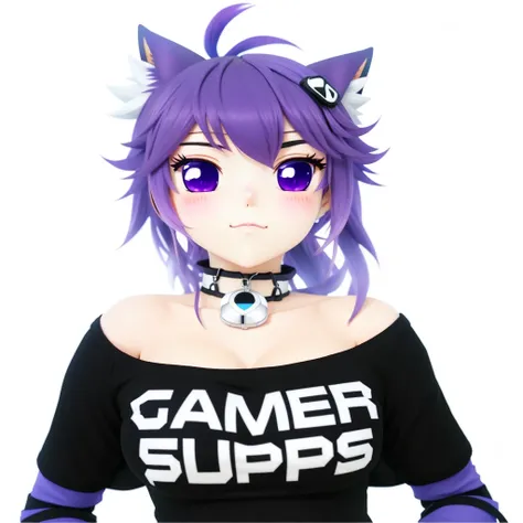 Giant neko with Pastel purple hair wearing a shirt with print GAMERSUPPS and purple and black sleeves, skull hairclip and spiked choker with silver bell, anime styled 3d, anime catgirl, anime style. 8k, anime styled, anime girl with cat ears, anime vtuber ...