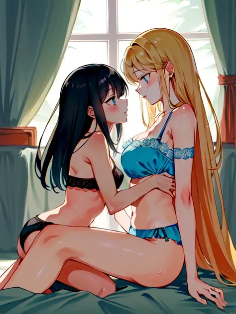 (best quality masterpiece:1), 8k, (detailed shoujo manga style:1), 2girls, beautiful, absurdres, lingeries, yuri